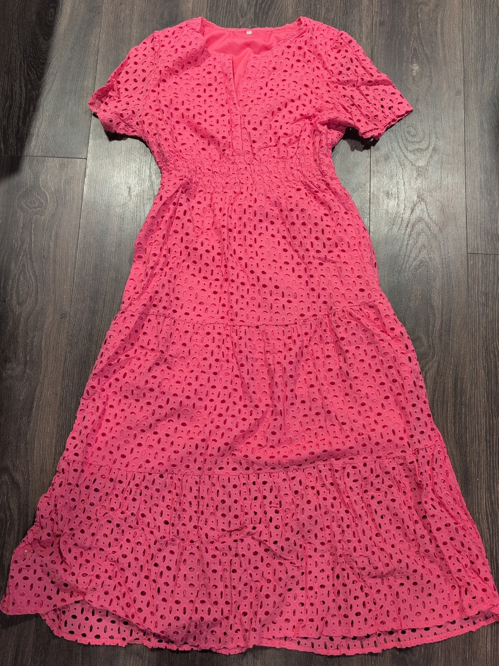 Pink Eyelet Lace Maxi Dress Size XL Tiered Short Sleeve V-Neck Smocked Boho